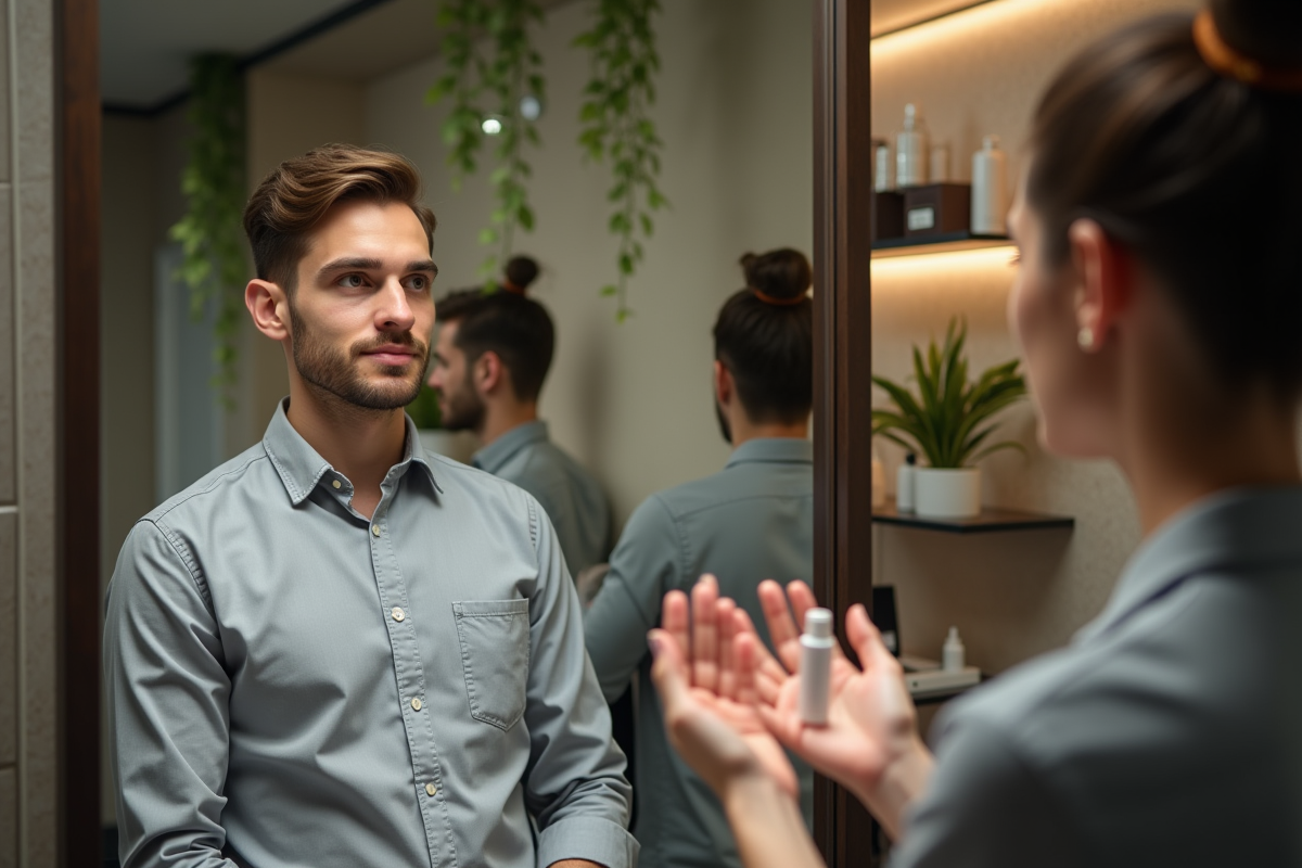 Jeune homme dans un salon de coiffure en pleine consultation