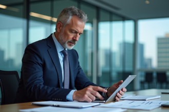 Homme d'affaires en costume bleu examine un rapport digital