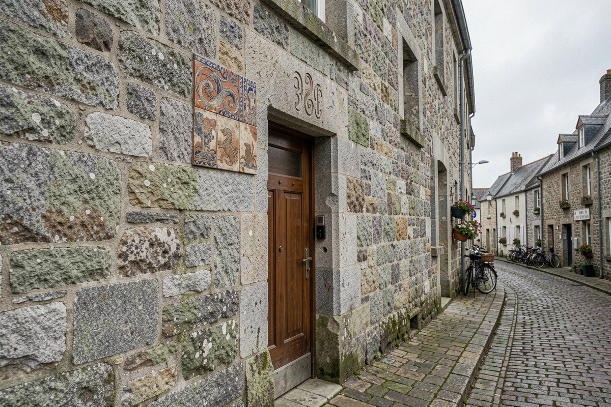 Façade en granit breton avec carrelage ancien représentant un triskel traditionnel au-dessus d'une porte de village