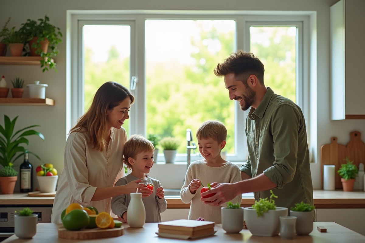 Famille utilisant appareils économes en énergie dans une cuisine lumineuse