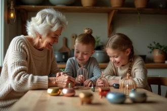 Grand-père et petits-enfants découvrant ensemble une collection de capsules de champagne sur une table en bois rustique dans une cuisine de ferme