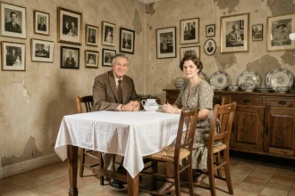 Portrait de famille française dans un intérieur provincial vintage du milieu du XXe siècle, évoquant le contexte historique de la naissance de Patrick Dutartre