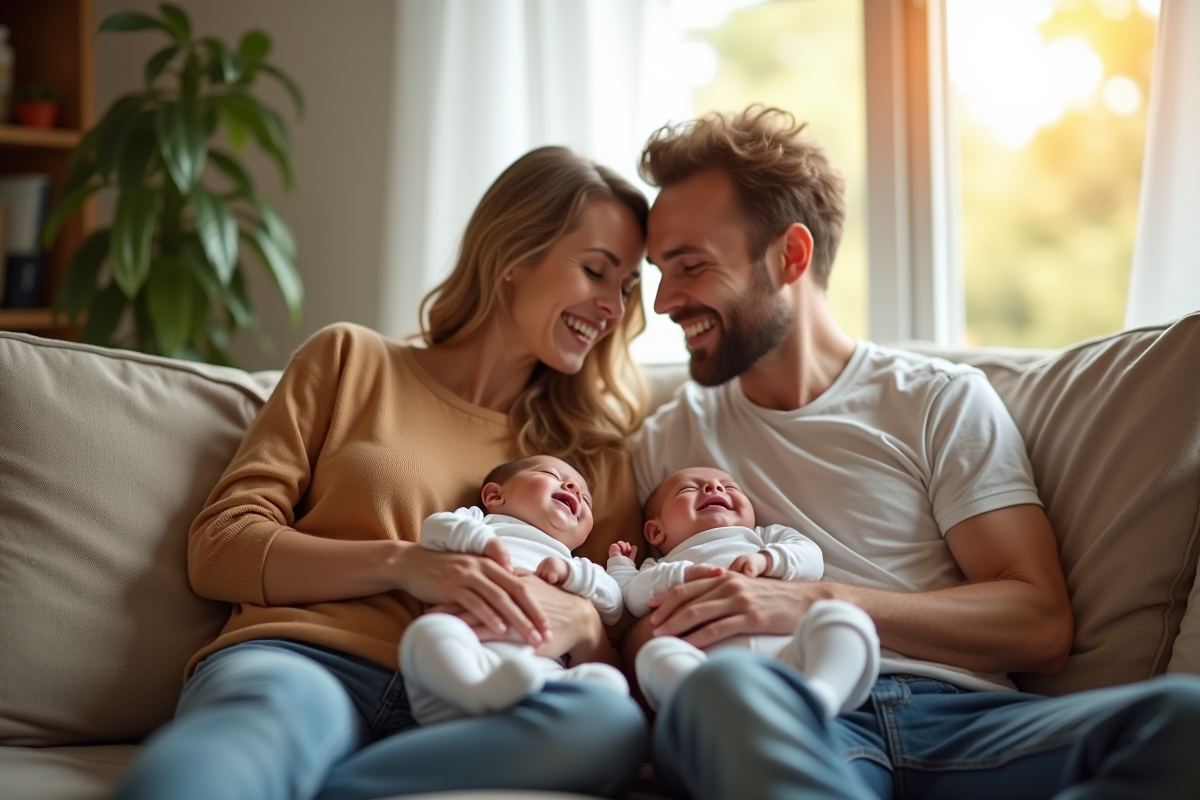 Famille souriante avec bébés jumeaux conjoints à la maison