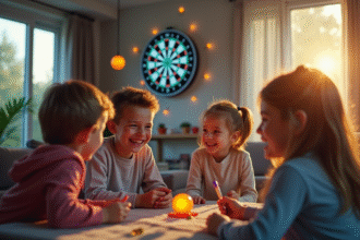 Famille heureuse jouant au jeu de fléchettes électronique dans le salon