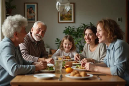 Famille multigenerational partageant un repas convivial à la maison