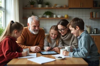 Famille multigenerational autour d'une table en cuisine jouant à un jeu de mots
