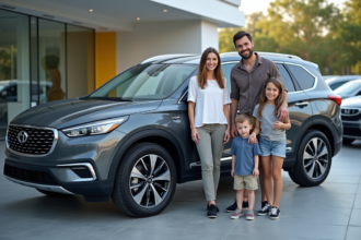 Famille souriante devant leur SUV en concession moderne