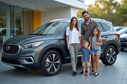 Famille souriante devant leur SUV en concession moderne
