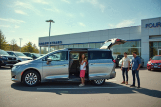 Famille inspectant une minivan d'occasion argentée au concessionnaire