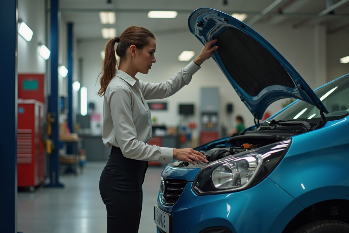 Femme inspectant le moteur d