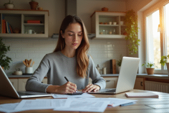 Jeune femme à la cuisine avec papiers et ordinateur pour gérer son budget