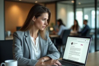 Femme au bureau consultant un e-mail avec des horaires AM et PM sur son ordinateur portable