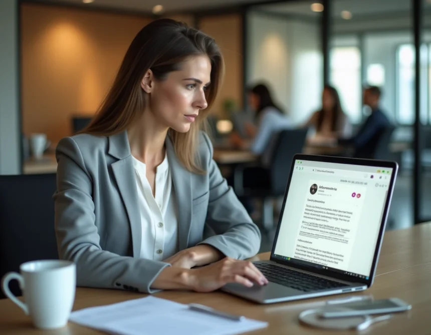 Femme au bureau consultant un e-mail avec des horaires AM et PM sur son ordinateur portable