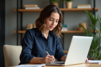 Jeune femme au bureau en train de travailler sur son ordinateur