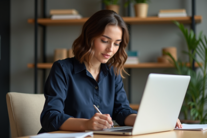 Jeune femme au bureau en train de travailler sur son ordinateur