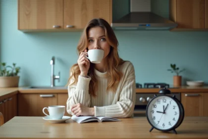 Jeune femme buvant un café le matin dans la cuisine