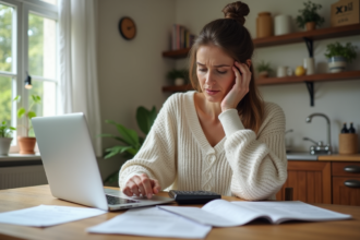 Femme moyenne âge calcule ses impots dans sa cuisine