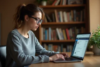 Femme consultant une cartographie de sites web et blogs sur son ordinateur portable dans un bureau à domicile