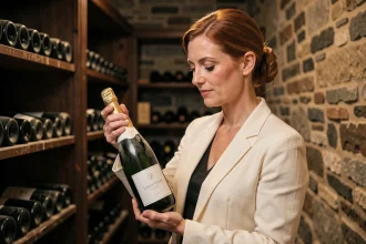 Femme élégante tenant une bouteille de champagne en édition limitée dans une cave viticole en pierre