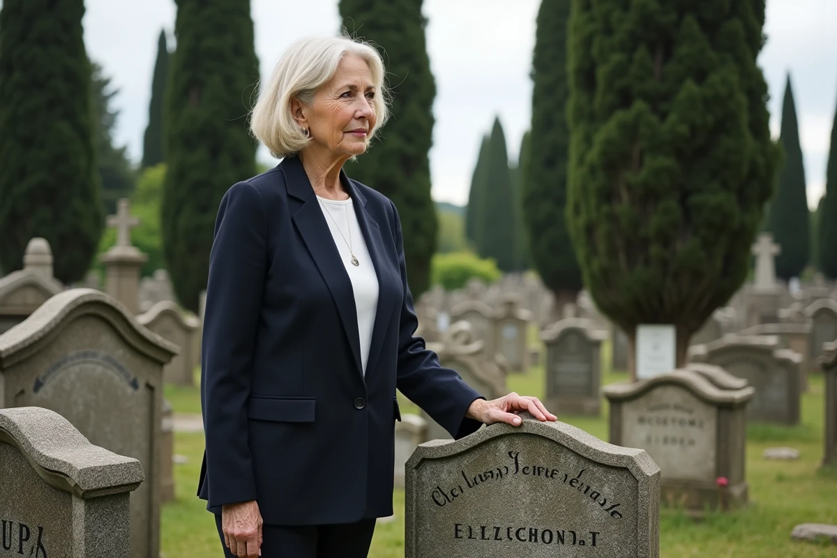 Femme contemplant des pierres tombales anciennes dans un cimetière historique européen retraçant l'histoire des familles Pompeu