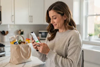 Femme utilisant un code promo sur son smartphone pour ses courses Carrefour Drive dans une cuisine moderne