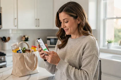 Femme utilisant un code promo sur son smartphone pour ses courses Carrefour Drive dans une cuisine moderne