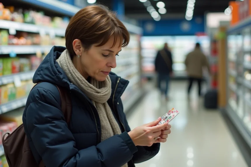 Femme d'âge moyen examinant un autocollant en supermarché