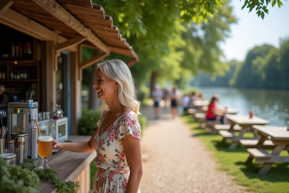 Femme souriante commandant une boisson à la guinguette