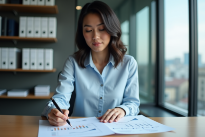 Jeune femme concentrée comparant des graphiques au bureau