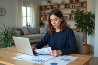 Femme en train d'examiner des documents d'assurance à la maison