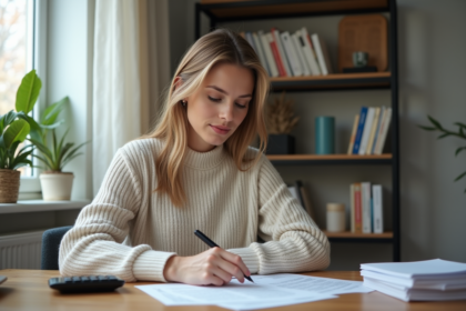 Femme en bureau examinant des documents de mortgage
