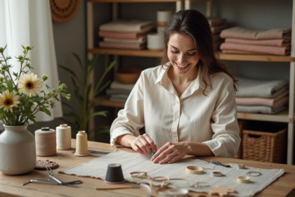 Femme souriante arrangeant accessoires de couture dans une pièce lumineuse