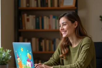 Femme souriante créant une cybercarte animée d'anniversaire sur son ordinateur portable dans un bureau à domicile chaleureux