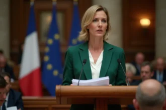 Femme politique parlant lors d un discours officiel devant drapeaux