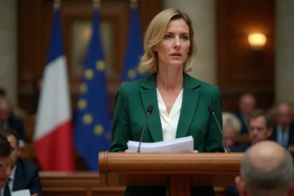 Femme politique parlant lors d un discours officiel devant drapeaux