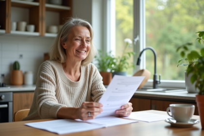 Femme souriante tenant des documents officiels à la maison
