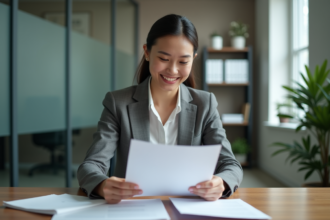 Femme en bureau examinant des documents de prêt immobilier