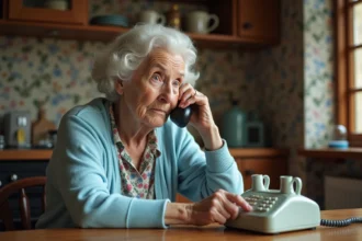 Femme âgée au téléphone dans la cuisine chaleureuse