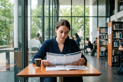 Jeune femme réfléchie avec brochures université