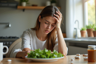 Jeune femme fatiguée à la cuisine avec légumes et compléments
