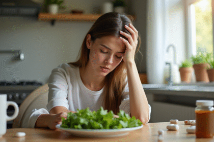 Jeune femme fatiguée à la cuisine avec légumes et compléments