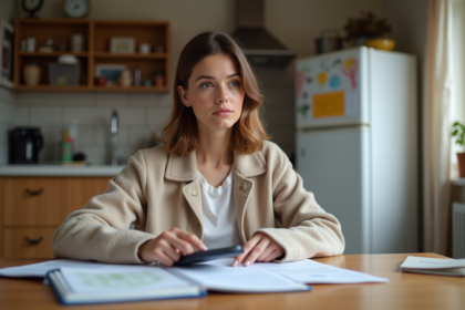 Femme d environ 30 ans gérant ses finances à la maison
