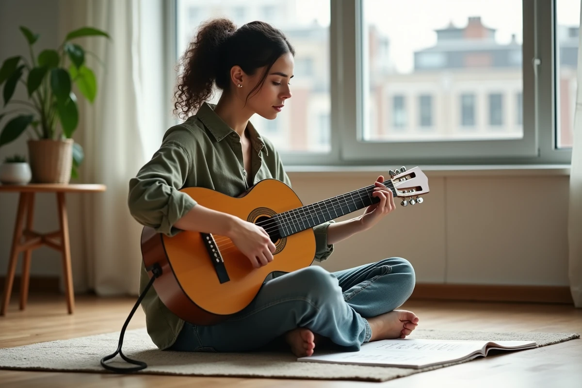 Femme guitariste apprenant les accords enchaînés d'une chanson française dans son appartement moderne