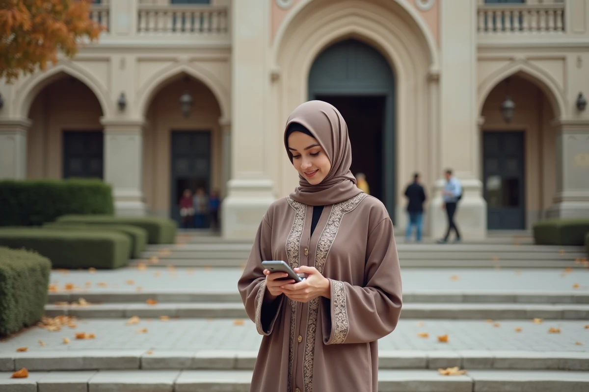 Jeune femme musulmane avec hijab sur les marches de la mosquee