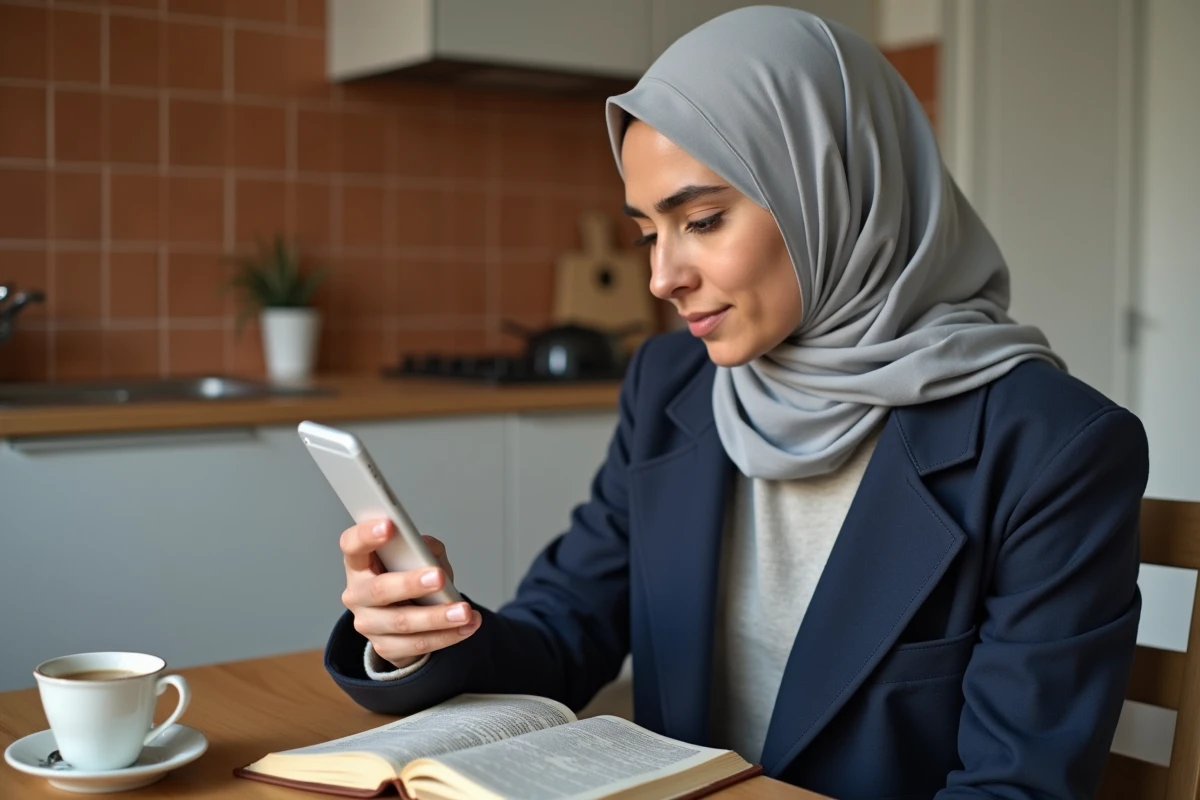 Femme consultant les horaires de prière sur smartphone à Béziers