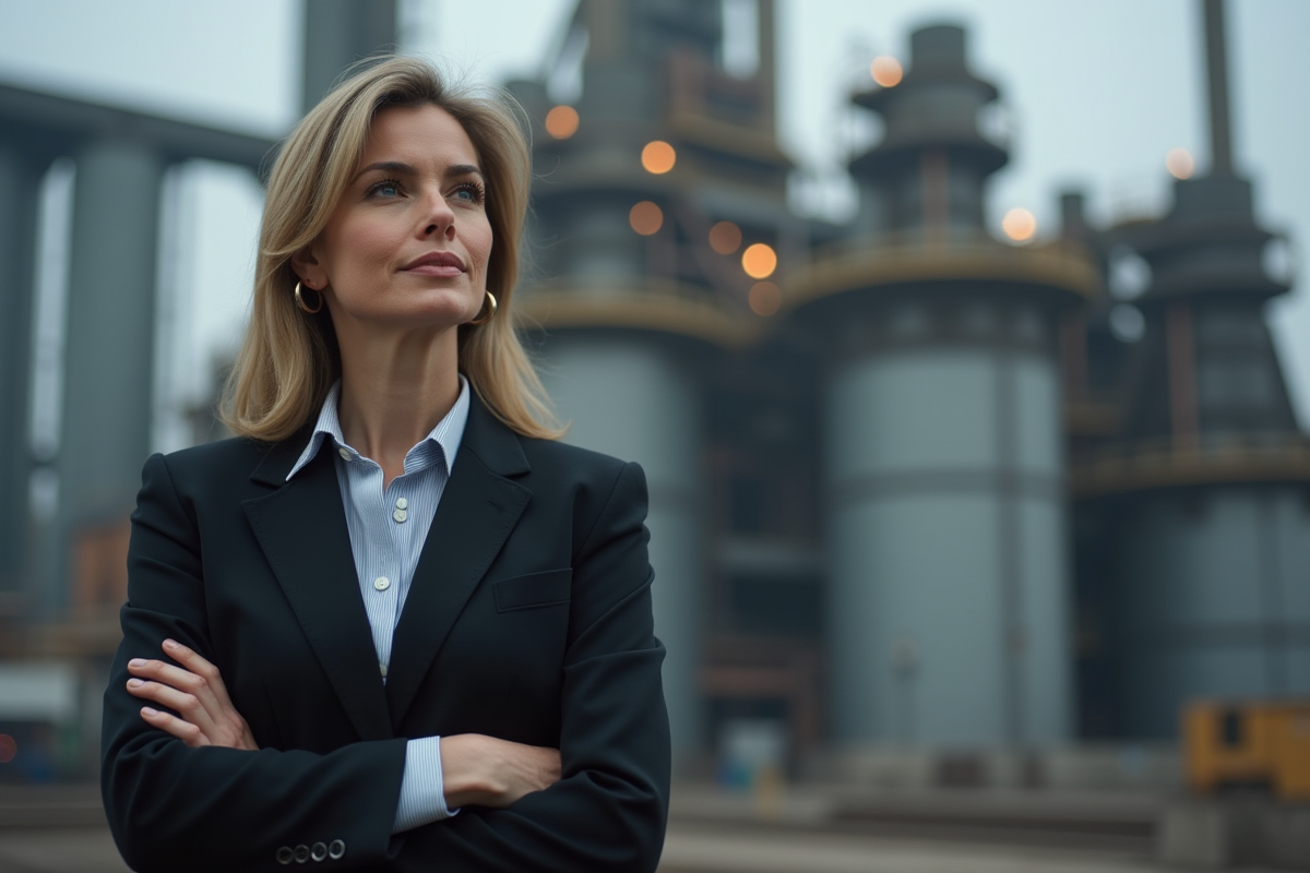 Femme confiante devant une usine automobile moderne