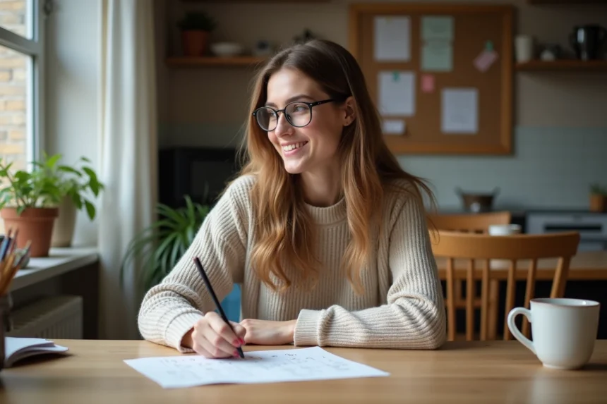 Jeune femme souriante écrit un mot en jouant au pendu dans une cuisine chaleureuse
