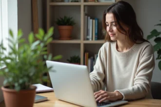 Femme détendue utilisant son ordinateur pour annuler un abonnement