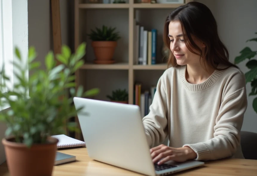 Femme détendue utilisant son ordinateur pour annuler un abonnement