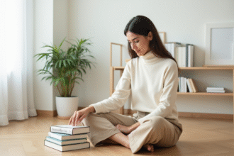 Femme assise sur le sol arrangeant des livres dans un salon lumineux